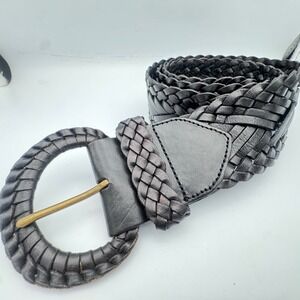 Vintage Black Braided Woven Leather Belt Wide Boho Round Buckle Brass Prong 40in